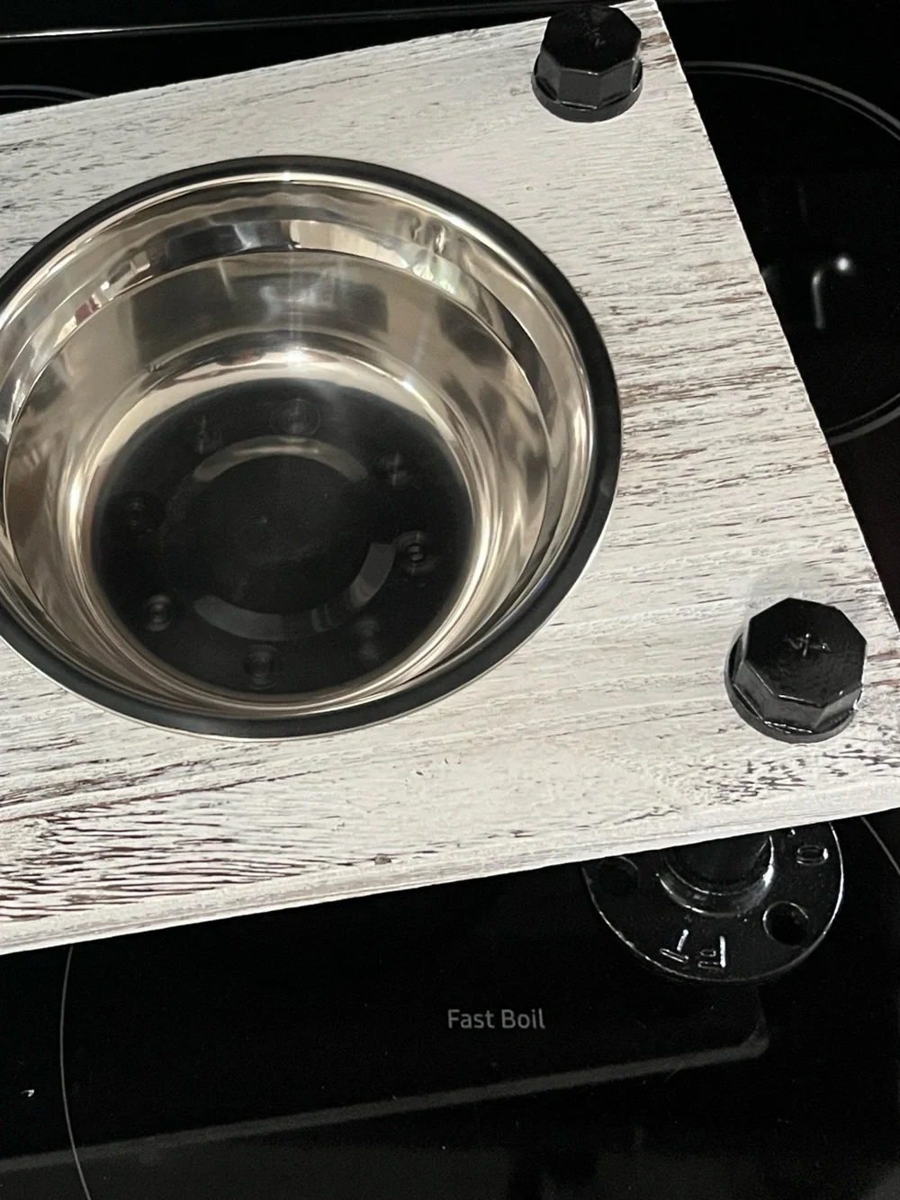 Elevated Pet Dish -Whitewash~Grey W/Black Pipe legs & 2 Stainless Steel bowls 🆕